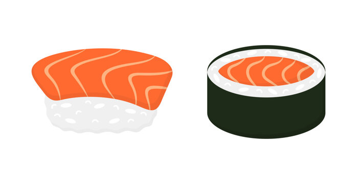 Minimalist Salmon Nigiri and Maki Roll Icon on Transparent Background. Modern Japanese Sushi Symbol, Asian Food Logo Element for Restaurant Menu, Food Delivery App, and Packaging. Vector Illustration