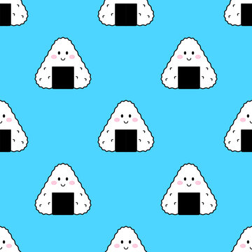 Cute Rice Ball Onigiri Character Seamless Pattern Background. Modern Minimalist Japanese Food Backdrop for Fabric Print, Packaging, and Kawaii Stationery. Vector Illustration