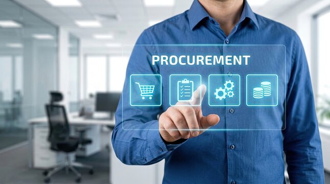 Manager selecting procurement process icons on a floating digital interface panel with procurement