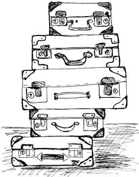 Vintage Suitcases Stack Hand Drawn Ink Illustration
