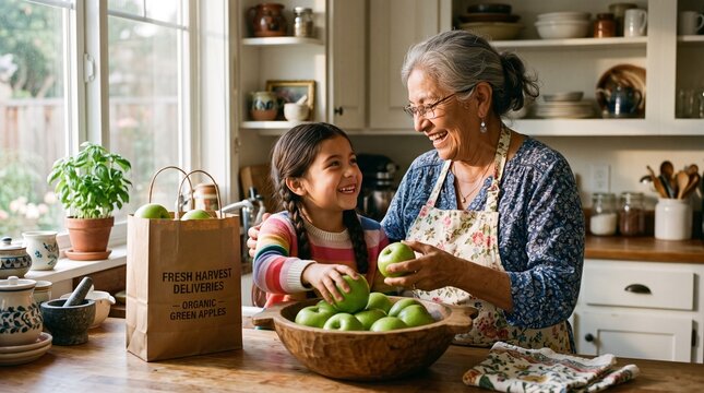 Grandmother and granddaughter happily sort fresh organic apples from delivery bag in sunlit kitchen