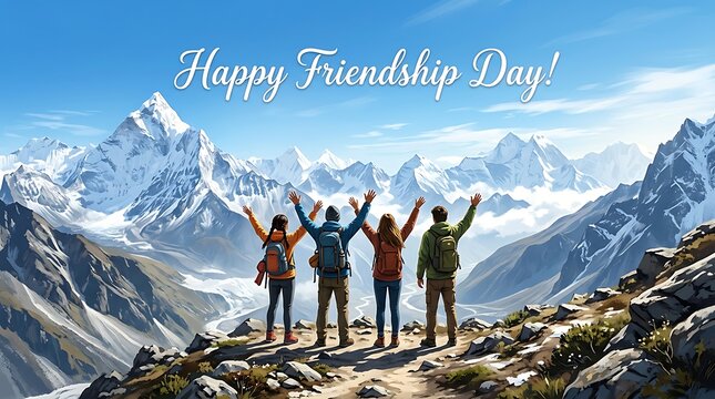 Happy Friendship Day Illustration showing a group of four friends hiking snowy mountains for social media banner post.