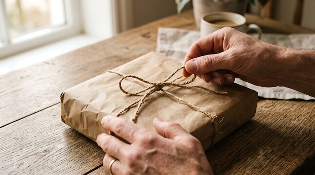 Man tying a bow on a brown paper wrapped gift package on a rustic wooden table with shallow depth of field