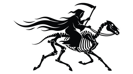 Fototapeta premium Grim reaper riding skeletal horse silhouette graphic vector illustration with flowing cloak and scythe