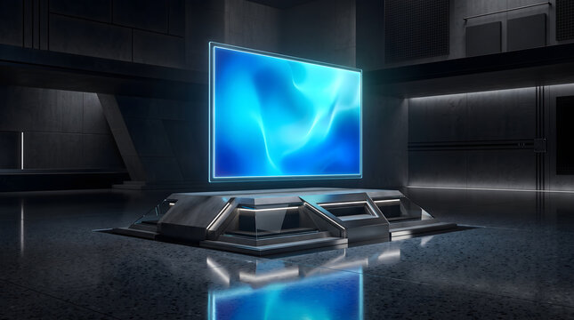 Futuristic virtual television set displayed on a glowing high tech sci fi showcase stage in modern dark hall
