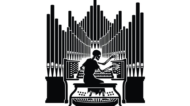 Creepy skeleton playing majestic pipe organ in gothic black and white vector illustration design