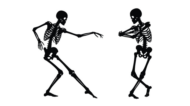 Detailed black silhouettes of human skeletons dancing happily on a clean white background