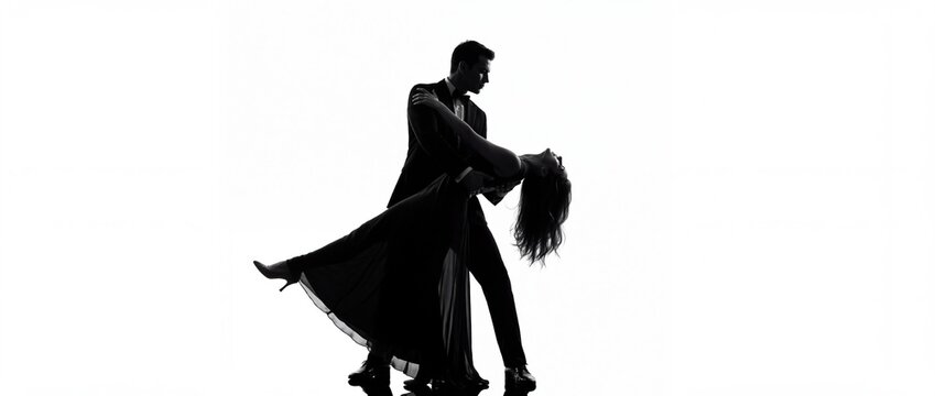 Silhouette of an elegant couple dancing gracefully, with the man dipping the woman, isolated on a white background