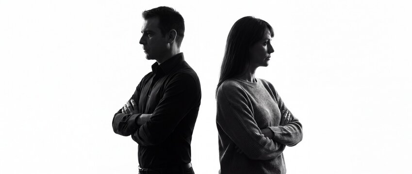 Silhouette of a couple standing back to back with arms crossed in tension