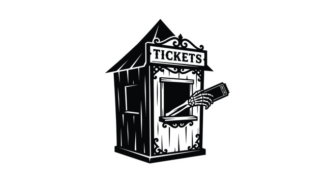 Spooky vintage ticket booth illustration featuring skeleton hand holding admission pass for Halloween event