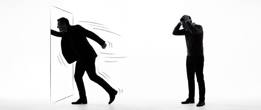 Silhouette of a man pushing a drawn door and another man standing in distress