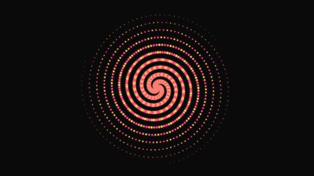 Abstract spiral pattern created from glowing orange and pink dots arranged in a rotating circular vortex shape