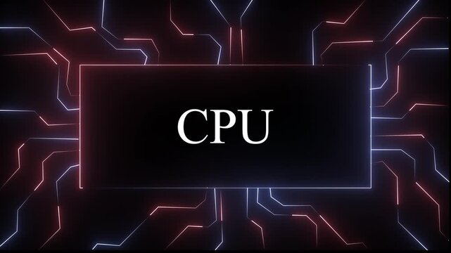 glowing white and red color neon CPU concept featuring circuit board lines and digital data flow animation for high-tech computing, artificial intelligence, cybersecurity, and advanced ... 