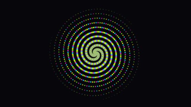 Abstract spiral pattern made of colorful neon halftone dots forming a vortex shape