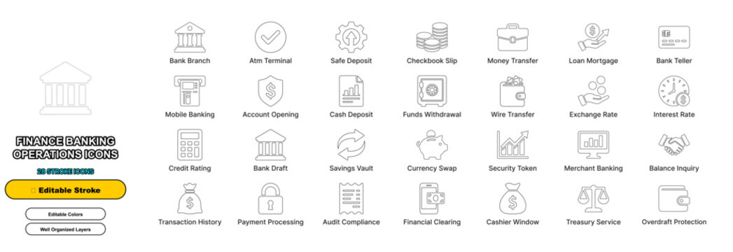Finance banking services line icon set with editable stroke. Bank branch, ATM terminal, safe deposit, checkbook slip, money transfer, mortgage loan for web ui design.