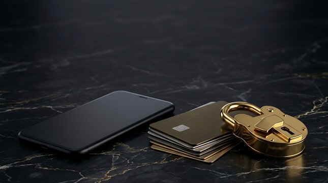 Smartphone with stack of credit cards and golden padlock on marble background.