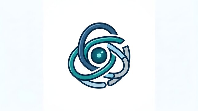 Abstract Atom Logo With Dark Teal Nucleus and Overlapping Glossy Blue Orbit Bands, Science and Interconnected Technology Vector Emblem
