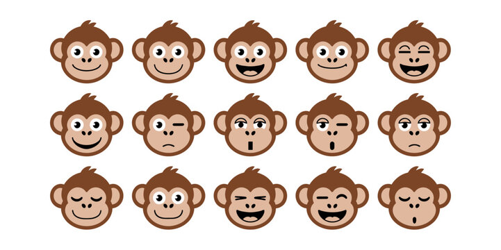 Monkey cartoon face vector illustration set featuring playful emotions and expressive character designs in cute style