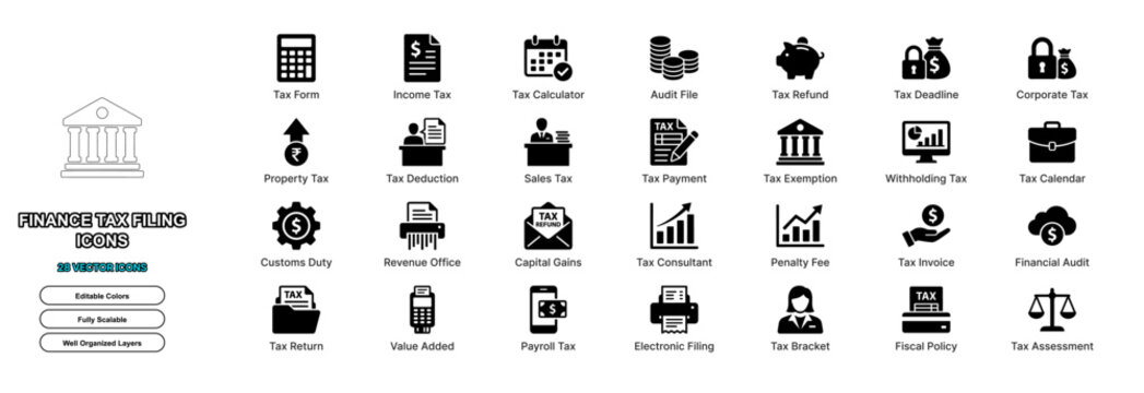 Finance Tax Filing Income Tax Return Refund Calculator Audit Deduction Corporate Fiscal Modern Flat Vector Icons Set