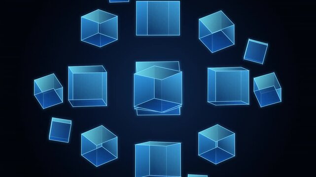 Holographic 3D blue wireframe cubes floating in a dark digital space environment an array of translucent geometric arranged in a circular formation rotating in a deep digital void