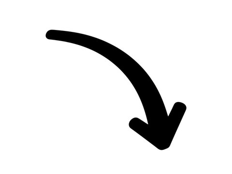 Black curved arrow icon pointing down to the bottom right isolated on transparent background