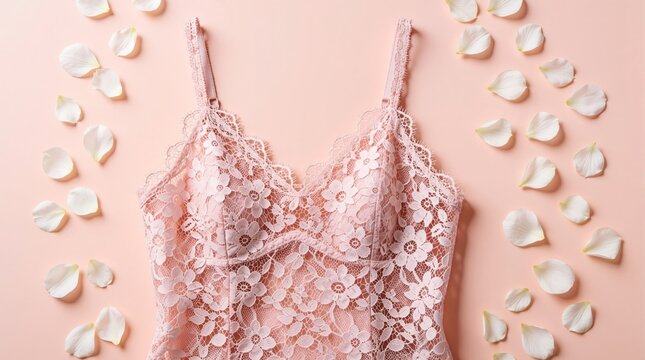 Pink lace camisole with floral pattern on pastel background. Delicate lingerie top with thin straps lies among white rose petals. Romantic feminine apparel for wedding bridal shower. Elegant lace