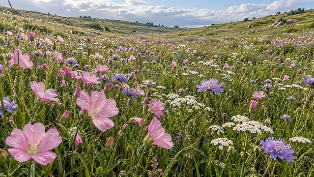 Wildflowers in a Rolling Hillside Meadow