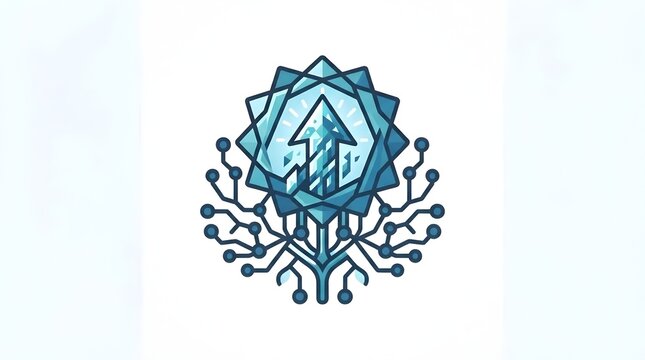 Faceted Crystalline Star Logo With Upward Growth Arrow and Symmetrical Node Network Below, Business Development and Technology Vector