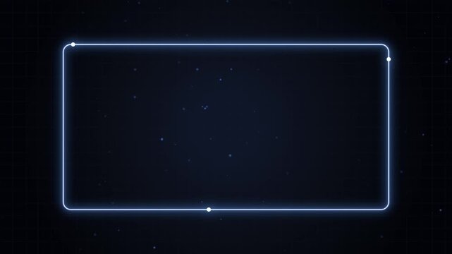 Neon glowing rectangular frame with moving particles abstract digital background