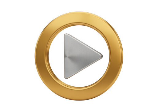 Golden circular play button icon with a silver metallic triangle center isolated on transparent background