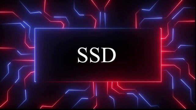 glowing red and blue color neon SSD concept featuring circuit board lines and digital data flow animation for high-tech computing, artificial intelligence, cybersecurity 4k animation video,,,,,