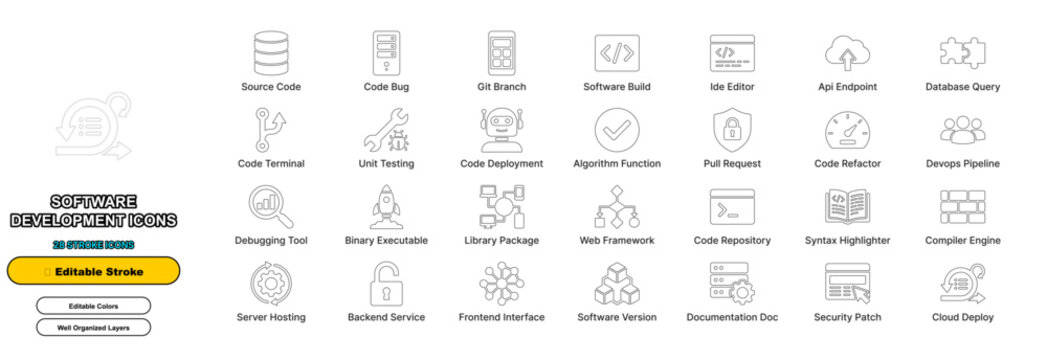 Software development coding line icon set with editable stroke. Source code, code bug, Git branch, software build, IDE editor, API endpoint database for web ui design.