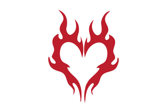 Red flaming heart with fire flames isolated on white background. Bold tribal tattoo love symbol for Valentine and gothic design. Burning passion emblem ideal for logos, posters, and stickers.