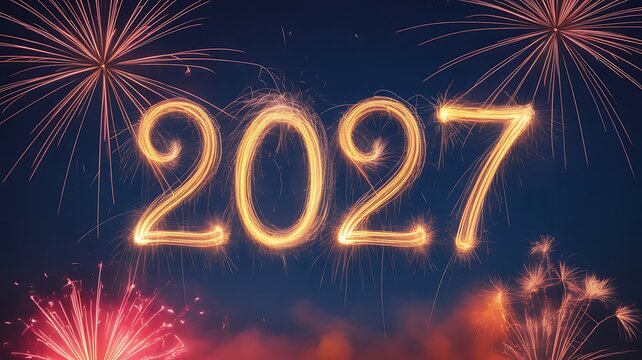 Glowing 2027 new year text formed by sparklers against a dark blue sky with vibrant fireworks bursting in the background, for festive holiday mood