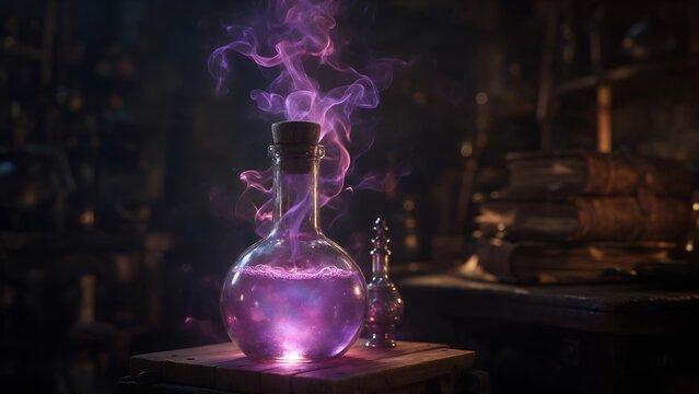 Glowing purple magic potion in a vintage glass flask surrounded by mysterious smoke on a dark wooden table inside an ancient wizard study