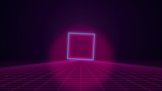 Retro synthwave neon square portal with glowing grid landscape 80s style animation retrowave