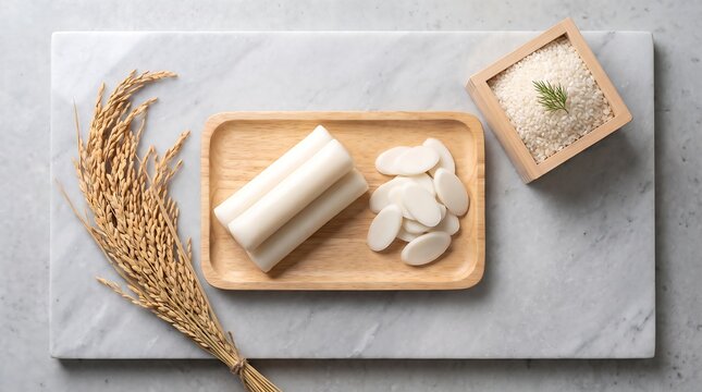 Rice cake and sliced daikon on wooden tray for Lunar New Year celebration