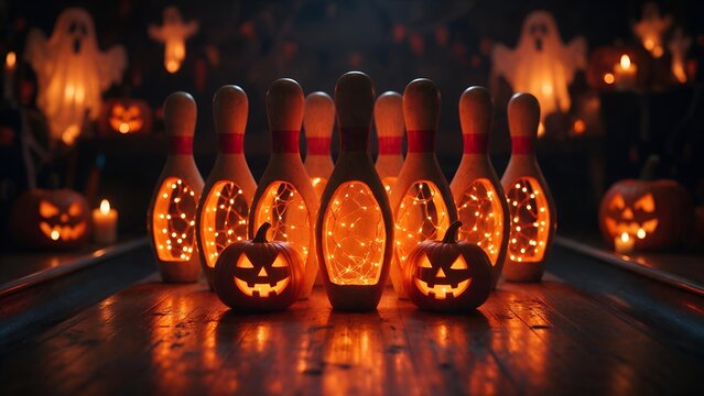 Spooky glowing bowling pins filled with fairy lights arranged on a dark alleyway floor decorated with carved jack o lanterns and floating ghost decorations
