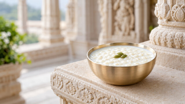 Moonlit Sharad Purnima food offering with creamy rice pudding in a brass bowl beside ornate stone temple architecture