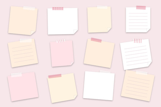 Set of various pastel colored sticky notes with adhesive tape strips transparent background