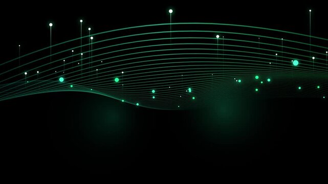 Abstract flowing lines and glowing dots representing data streams and connectivity in a futuristic digital network simulation