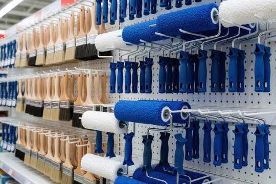 Close up of paint brushes, rollers on retail display shelf. Various sizes, colors of brushes hang in rows. Blue roller tools, wooden handle brushes organize by type in home improvement store for DIY