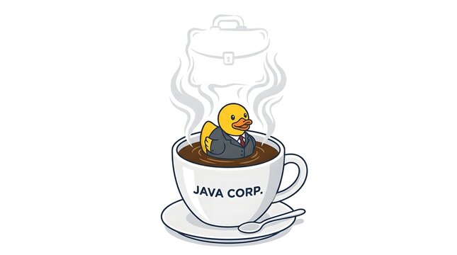 Business rubber duck wearing suit taking a relaxing hot bath in a coffee cup with java corp logo symbolizing morning routine or work break relaxation.