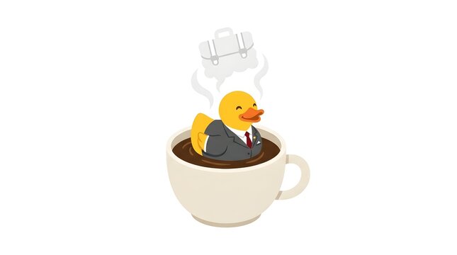 Business rubber duck wearing suit taking a relaxing hot bath in a coffee cup symbolizing morning routine or work break relaxation and stress relief.