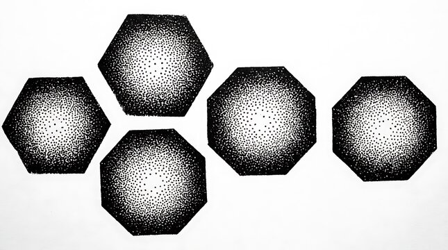 Hexagonal shapes patterned with detailed stippled dotwork shading.