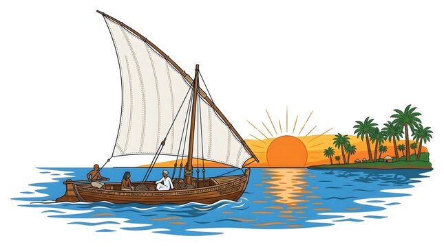 Ancient wooden dhow ship sailing with crew members on calm blue sea near coastline featuring sunset sky and silhouettes of palm trees on tropical beach.