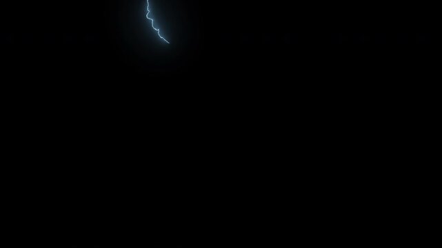 Powerful lightning bolt striking and flashing against a pitch black night sky background