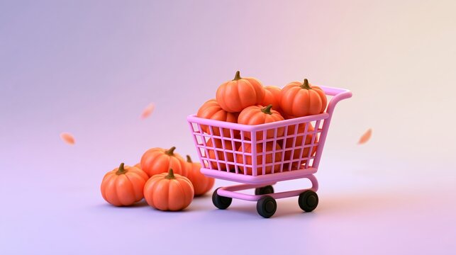 Miniature shopping cart filled with pumpkins on pastel gradient surface