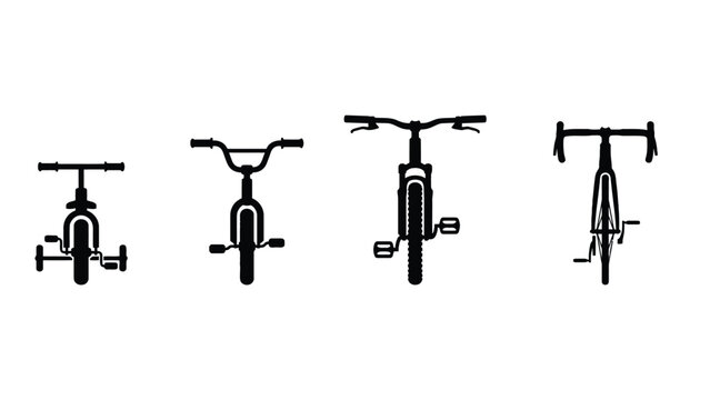 Black silhouette icons of different types of bicycles displayed in a horizontal line front view