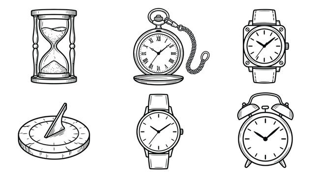 Hand drawn collection of vintage timepieces featuring hourglasses, pocket watches, sundials, and classic alarm clock icons